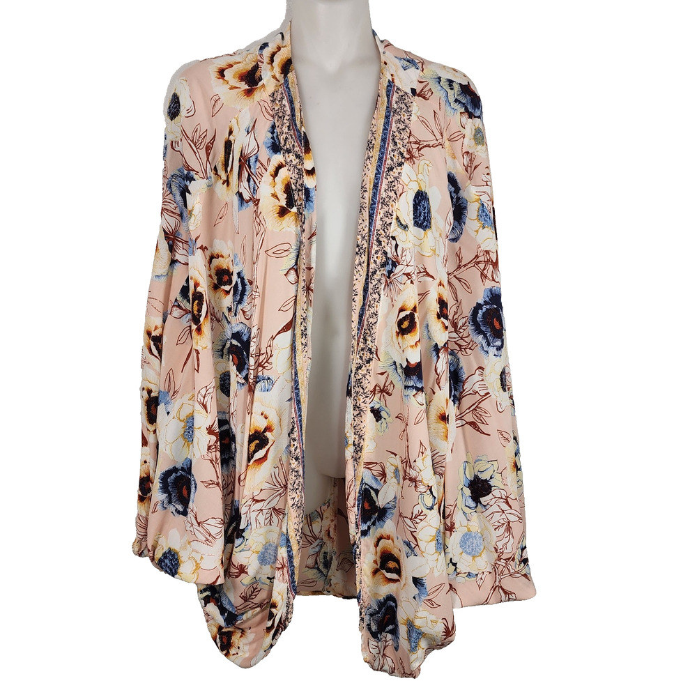 Maurices Pink Floral Peasant Sleeve Kimono 0X/1X Open Relaxed Boho Cottage